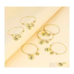 Bracelets de charme 12 Constellation Zodiac Bracelet Manchette Prenez le temps Profitez de chaque jour Lettre Coeur sculpté Coin en acier inoxydable réglable Br Dhpnx