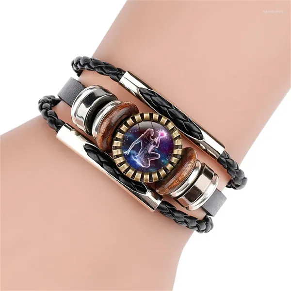 Bracelets de charme 12 constellations en cuir tissé noir métal verre lumineux bijoux de style punk bracelet pour hommes