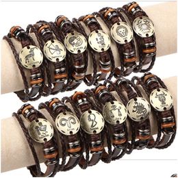 Bracelets de charme 12 Constellations Bracelet Fashion Bijoux Gift Cuir Men Personnalité décontractée Zodiaque Signes Punk For Women Drop Deliv Dhxjb