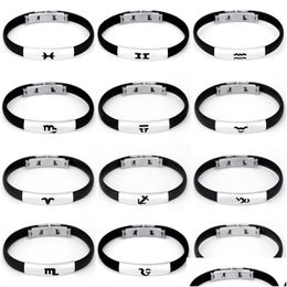 Bracelets de charme 12 Constellations en acier inoxydable Chaîne en caoutchouc noir Bangles Zodiac Design Bijoux pour couple lov dhsnw