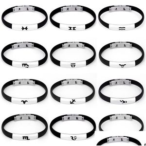 Bedelarmbanden 12 constellaties roestvrijstalen manchet mannen zwarte rubberen ketting polsbandband armbanden Zodiac Design sieraden voor paar lov dhsnw