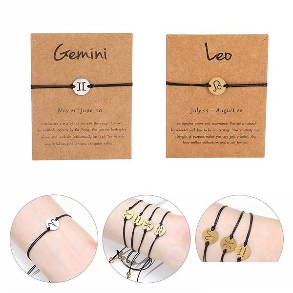 Pulseras de encanto 12 Constelaciones Signos del zodiaco para mujeres Regalo de cumpleaños Rope Negro Cable Cable de acero inoxidable Delección de gota de entrega Dhgbj