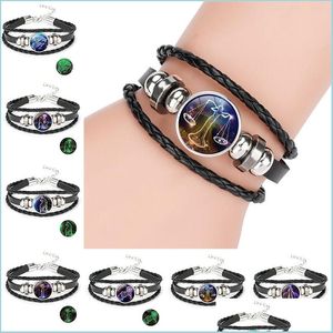 Bracelets porte-bonheur 12 Glow In The Dark Horoscope Signe Bracelet Charme Mtilayer Wrap Bracelets En Cuir Femmes Mode Bijoux Lumineux Dro Dhpua