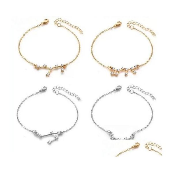 Bracelets de charme 12 Horoscope Zircon Zodiaque Signes Bracelet Gold Sier Constellations pour femmes bijoux avec cartes-cadeaux Drop de OT4PO