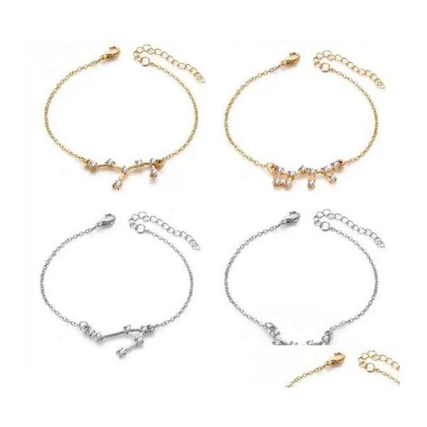 Pulseras con dijes 12 Horóscopo Zircon Signos del zodiaco Pulsera Oro Sier Constelaciones para mujeres Joyería con tarjetas de regalo Gota al por mayor Dh967