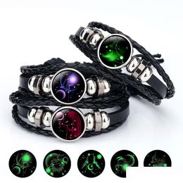 Charm Bracelets 12 Zodiac Glow In The Dark Sign para Mujeres Hombres 18Mm Ginger Snap Button Constelación Cuerda de cuero Brazalete Fashion Drop Dh9Gu