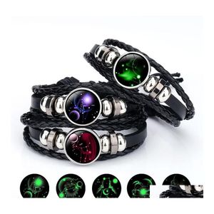 Bracelets de charme 12 Zodiac Glow in the Dark Sign For Women Men 18 mm Ginger Snap Button Constellation Coue Cangle Bangle Fashion Drop Otomh