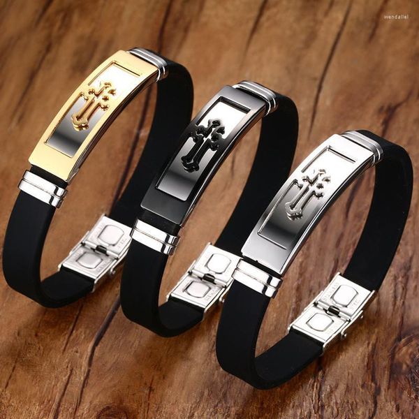 Pulseras con dijes Cruz de 12 mm para hombres Brazalete de silicona de goma suave Citas bíblicas Pulsera de oración de Cristo Joyería masculina informal