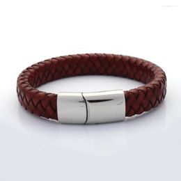 Pulseras con dijes Brazaletes de hombre trenzados de 12 mm de ancho Pulsera de cuero genuino retro Grano de acero inoxidable con cierre de imán