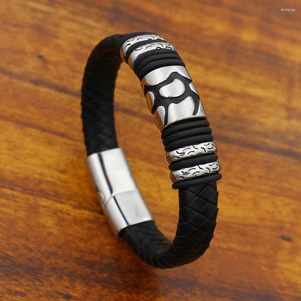 Bracelets de charme 12mm de large tressé rétro bracelet en cuir véritable pour hommes en acier inoxydable perle de fissure avec fermoir magnétique