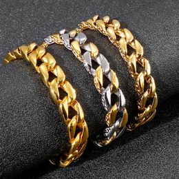 Bedelarmbanden 12 mm brede heren vrouwen goudsilver kleur 316L roestvrij staal Curb Cuban Link Chain Bracelet armband Coole sieraden 22 cm 230821