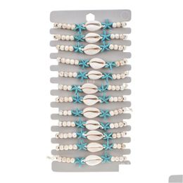 Bracelets de charme 12 pièces bijoux de mode bracelets de charme ensemble réglable coquille Turquoise perles de bois étoile de mer tissé Bracelet conception animale Dh2G1
