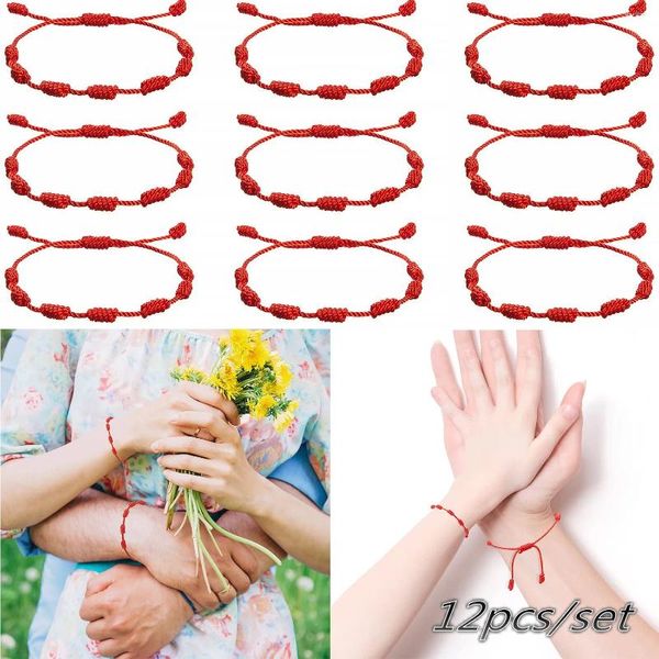 Bracelets Charm 12 piezas/lote boho 7 nudos pulsera de cuerda roja para protección amuleto afortunado joya de pulsera de tobillera trenzada de cuerda ajustable