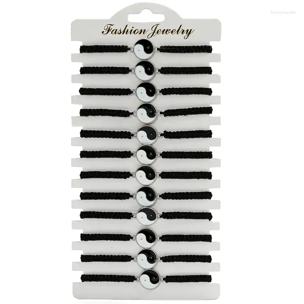 Pulseras con dijes 12 unids/lote, conjunto de pulsera trenzada con dijes de Tai Chi blancos y negros para mujeres y niños, pulsera de cuerda ajustable, regalos de joyería