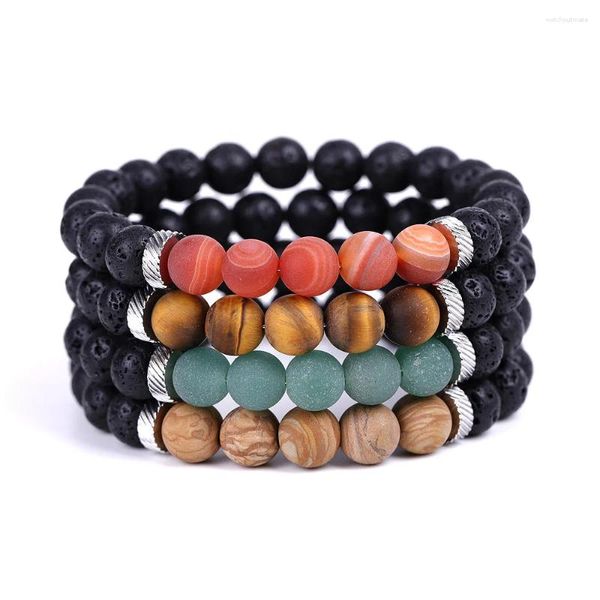 Pulseras de encanto 12 unids Ágata rayada mate Lava negra Curación Equilibrio Cuentas Reiki Buda Oración Piedra natural Pulsera de yoga para mujeres