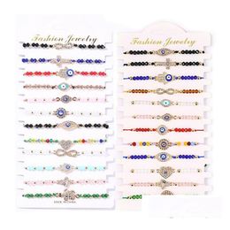 Bracelets de charme 12pcs / Set Blue Evil Eye for Women Crystal Tree Hand Cross Heart Turtle Perles corde chaîne chaîne Chaîne Ajustement Bangle Juif Dhlse