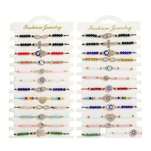 Bracelets porte-bonheur 12 pièces/ensemble bleu mauvais œil pour femme cristal arbre main croix coeur tortue perles corde chaîne chaîne bracelet réglable Fas Otkeq