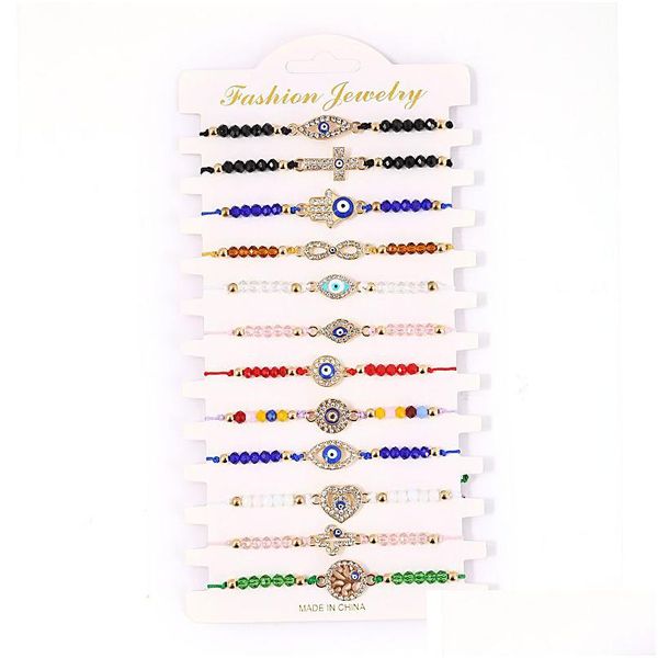 Bracelets de charme 12pcs / ensemble dinde bleu mauvais œil bracelet femmes corde à la main chaîne perles de cristal bracelets fille anniversaire partie dhgarden dhurw