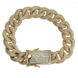 Pulseras con dijes 13Mm Full Iced Cubic Zirconia Curb Cuban Link Pulsera Long Bail Mens Gold Silver Color Micro Pave Hip Hop Hombres Joyería