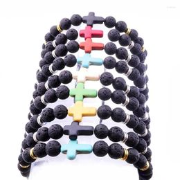 Bracelets de charme 15pcs 8mm naturel noir lave pierre perles croix bracelet bricolage volcan roche diffuseur d'huile essentielle pour femmes hommes