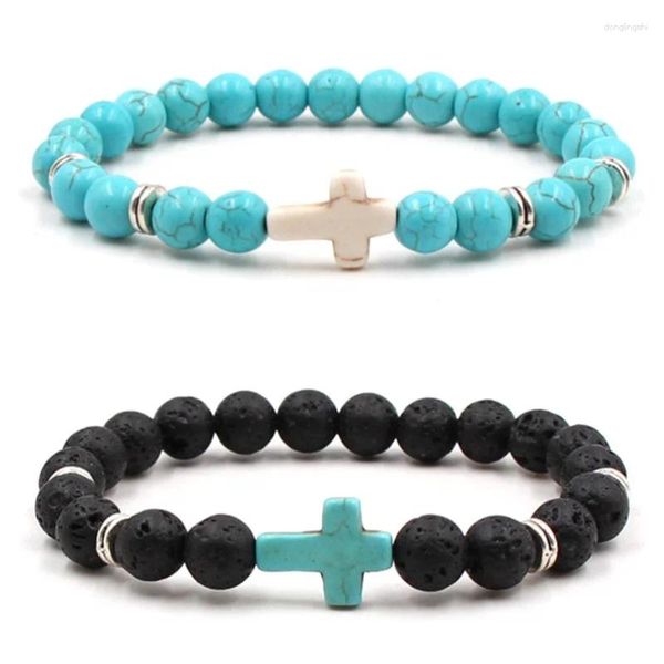 Bracelets de charme 15pcs Croix bleue perlée hommes 8mm perles de pierre de lave noire bracelets pour femmes bijoux de yoga