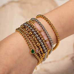 Bracelets de charme Plaqué or 16 carats Perles rondes Style INS Bijoux de mode Formes de coeur décorées par Zircon pour les femmes