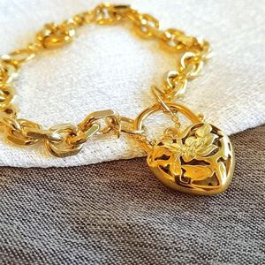 Pulseras con dijes 18k chapado en oro 7 mm ancho de cadena corazón belcher candado para mujer pulsera sólida joyería