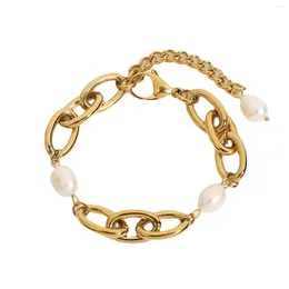 Bracelets de charme en acier inoxydable plaqué or 18 carats, eau douce baroque pour femmes, chaîne ovale de 12mm de large, bracelet épais