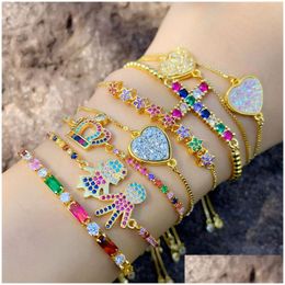 Bedelarmbanden 18K Gold Rainbow Zircon Diamond Bracelet Pl String Verstelbare Crown Heart Cross Vrouwen Mode-sieraden Will And Sandy Dhqfa