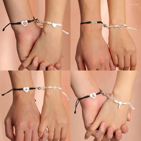 Braceletas Charm 1 Pair de aleación simple Pulsera magnética Corazón Llave Key Pareja para amantes Hombres Mujeres Regalos de joyería de cuerda trenzada