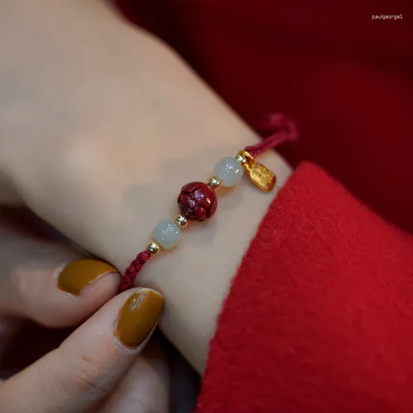 Pulseras de encanto 1 unid pulsera para las mujeres loto en tierra cinabrio natural hetian yufu marca cuerda roja estilo chino cuentas de cristal joyería