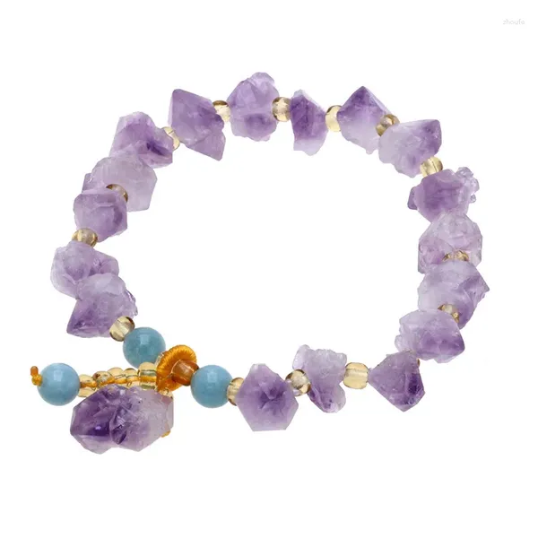 Pulseras con dijes 1 unid Encantos de piedra natural Cristal púrpura Pulsera elástica cruda Irregular Mineral Calcita Cuarzo Curación Reiki Joyería Regalo