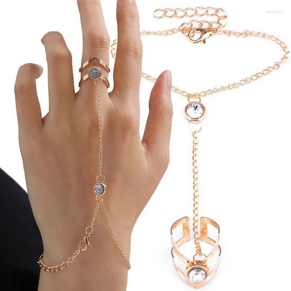 Pulseras con dijes, 1 Uds., pulsera de eslabones de anillo de dedo de Metal bohemio con cristal para mujeres y niñas, joyería de cadena trasera de mano unida de esclavo de verano