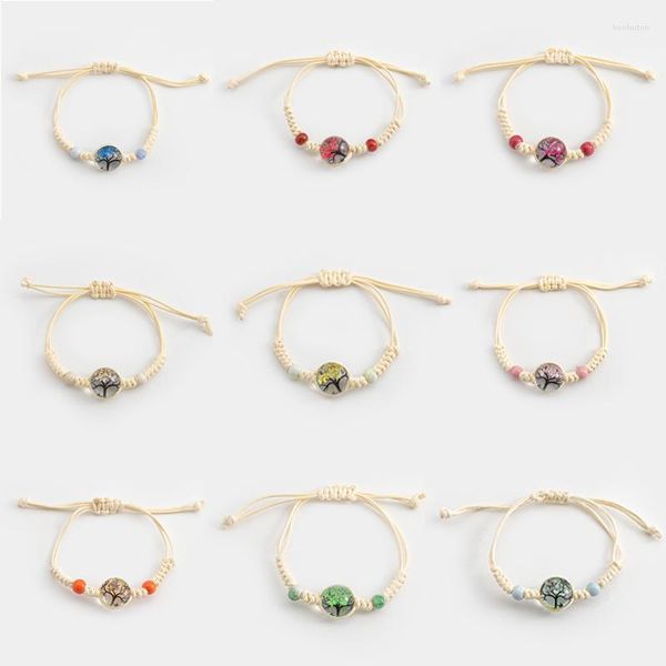 Pulseras de encanto 1 unids Moda Boho Flor Árbol Pulsera Vidrio Claro Bola Tejido Brazalete ajustable para mujeres Niñas Joyería Regalos Kent22