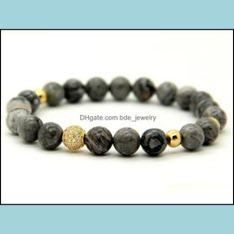 Bedelarmbanden 1 stks hoogwaardige sieraden 8 mm grijze foto Jasper Stone kralen Micro Pave Black en Gold CZ armbanden Heren Gift Drup del Dhzjo