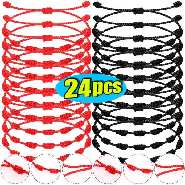 Pulseras con dijes 2/24 Uds 7 nudos pulsera de cuerda negra roja para mujer hombres amuleto de la suerte cuerda hecha a mano amistad pareja pulsera joyería