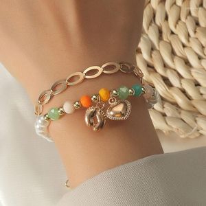 Bracelets porte-bonheur 2 pièces/ensemble à la mode perle blanche perles de cristal multicolores perlées à la main pour les femmes or métal pied coeur pendentif Bracelet