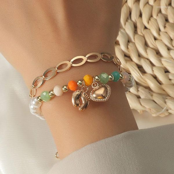 Pulseras con abalorios, 2 unidades por juego, perlas blancas de moda, cuentas de cristal Multicolor, cuentas hechas a mano para mujer, pulsera con colgante de corazón de pie de Metal dorado