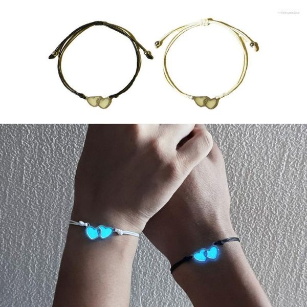 Bracelets porte-bonheur 2 pièces Simple tressé corde Bracelet lumineux Double coeur Couple bracelets amitié correspondant saint valentin cadeau