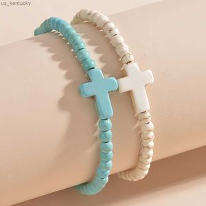 Bedelarmbanden 2 stuks / set Kruisdecor Turquoise kralenarmband Paararmband Eenvoudige elegante stijl Delicaat vrouwelijk geschenk