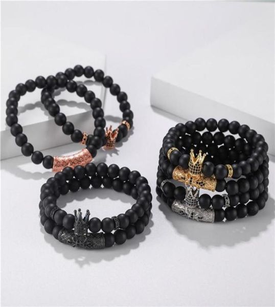 Bracelets de charme 2021 2pcseset CZ Bracelet Crown Men Braclet Kind Black Matte Stone Perle pour hommes bijoux à main 4450425