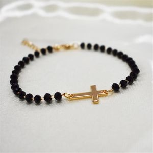 Bracelets de charme 2021 Fashion Exquise Black Beades Cross Bracelet Gold Color Metal Chain For Women Men Party Gifts Jewelry212a