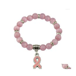 Bedelarmbanden 2022 Borstkanker bewustzijn roze katten eye bead verstelbare armband vrouwen oktober lint geschenk sieraden prl015 3pcs dro dholp