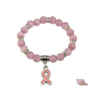 Bracelets porte-bonheur 2022 sensibilisation au cancer du sein rose oeil de chat perle bracelet réglable femmes octobre ruban cadeau bijoux Prl015 3 pièces Dro Dholp