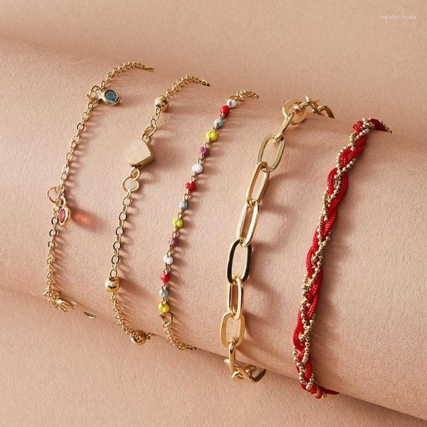 Bracelets de charme 2023 couleur bonbon perlé bracelet bohème ensemble coeur rouge chaîne tressée 5 pièces