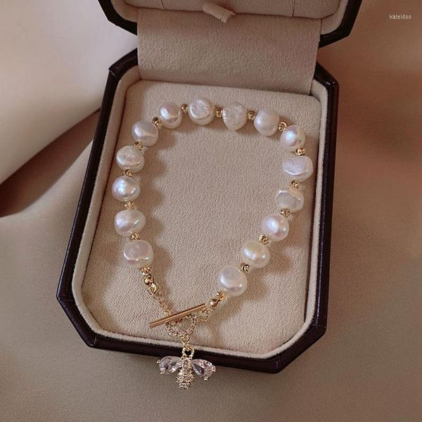Pulseras con abalorios 2023, pulsera elegante de hilo de perlas barrocas para mujer, colgante de abeja de circón de lujo, joyería dulce para chica a la moda