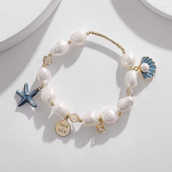 Pulseras con dijes 2023, pulsera de perlas barrocas de agua dulce a la moda, estrella de mar de concha para niña, joyería para mujer