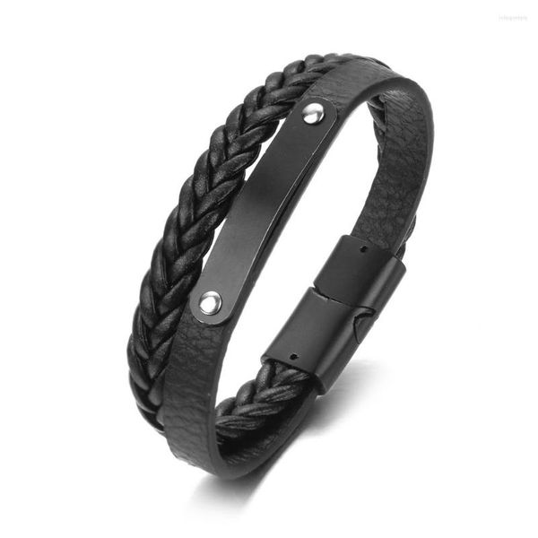 Braceletas Charm 2023 Fashion Black Acero inoxidable Pulsera de cuero suave de cuero retro Titanio doble para joyas para hombres