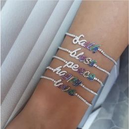 Bracelets de charme 2023 Mode Lettre Mots Charme Tennis Chaîne Bracelet Multi Coloré CZ Bénis Paix Heureux Amour Bijoux 231102