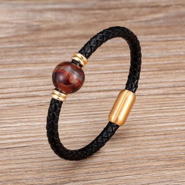 Pulseras de encanto 2023 Joyería para hombre de moda Cuero genuino Acero inoxidable para hombres Pulsera de cuentas de piedra de ojo de tigre redondo natural